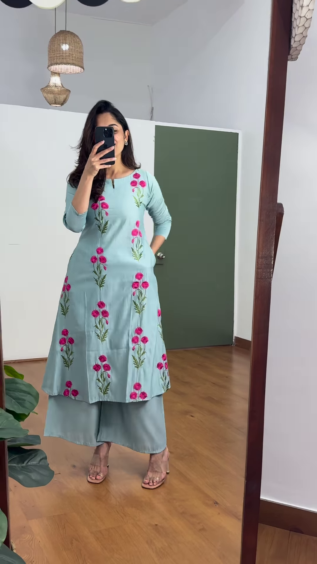 Women’s Floral Embroidered Kurta with Palazzos – Elegant 2-Piece Set with 3/4 Sleeves & Flared Silhouette (Available in 3 Colors)