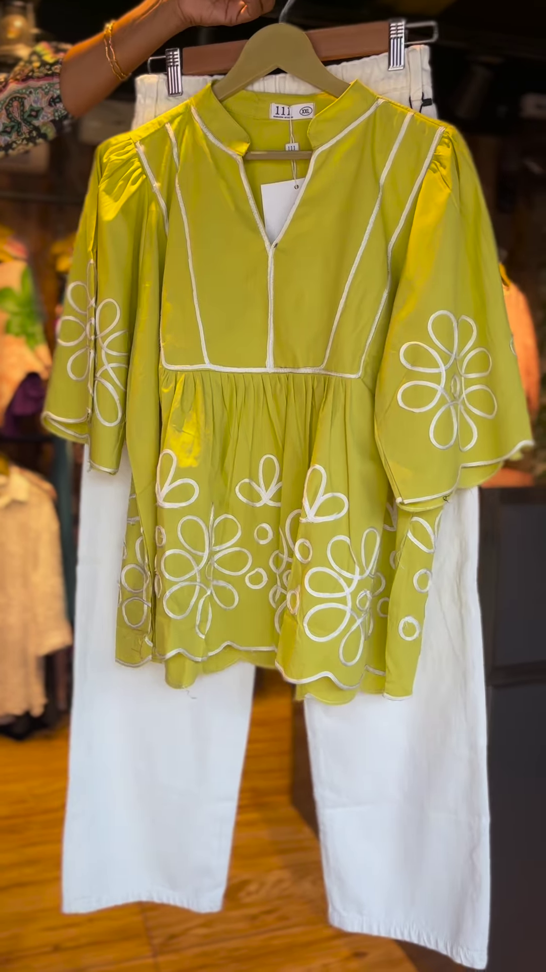 Lime Green Peplum Style Embroidered Kurti with White Pants – Chic Indo-Western Co-Ord Set for Women