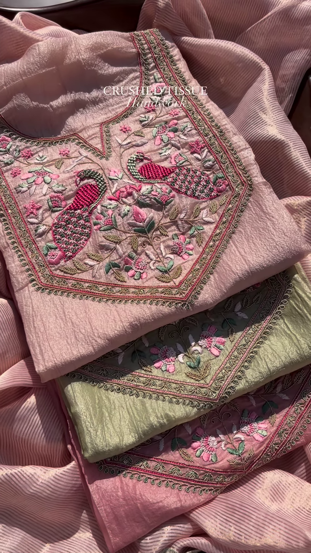 Crushed Tissue Handwork Fabric with Embroidered Peacock and Floral Motifs – Luxe Ethnic Wear Material