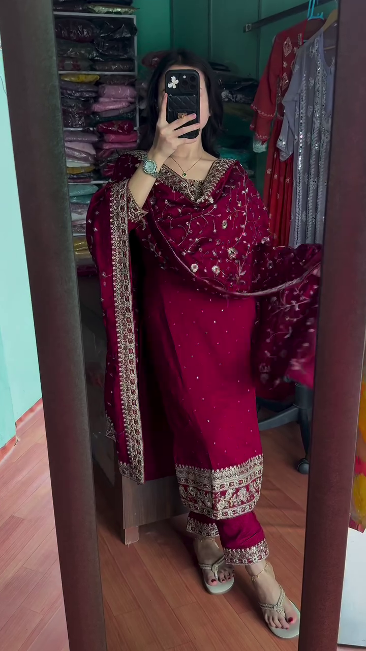 Multicolor silk heavy handwork kurta set with dupatta