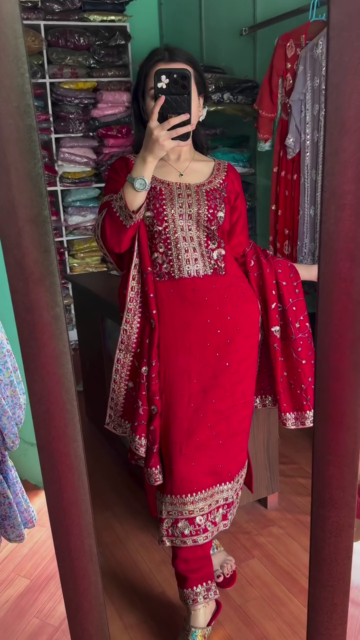 Multicolor silk heavy handwork kurta set with dupatta