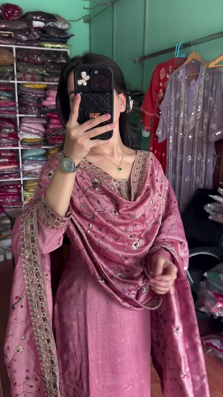 Multicolor silk heavy handwork kurta set with dupatta