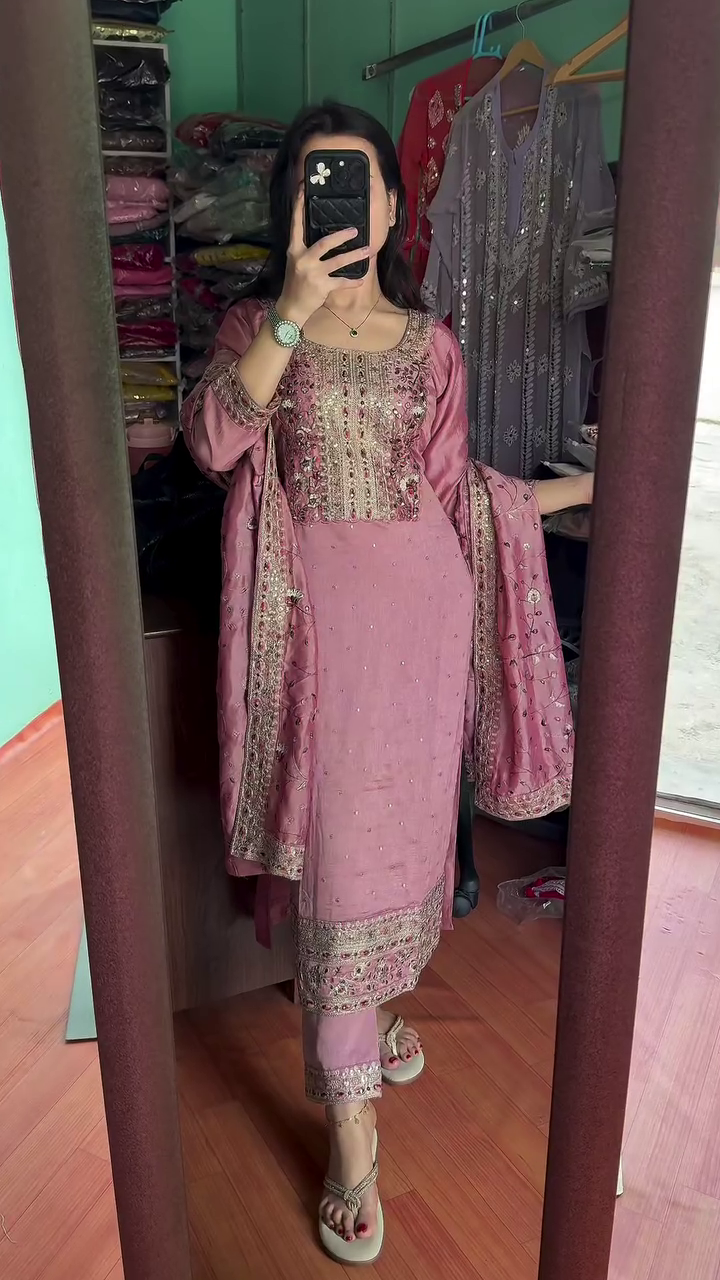 Multicolor silk heavy handwork kurta set with dupatta
