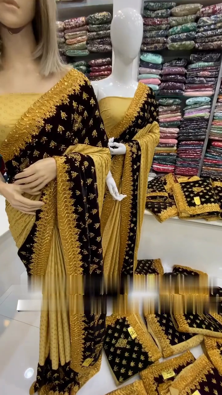 Golden And Black Embroidery Work Designer Saree