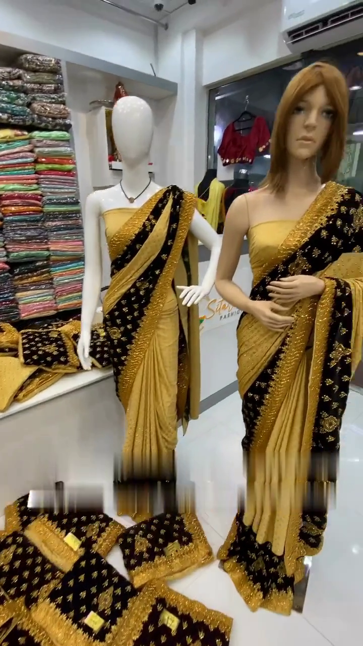 Golden And Black Embroidery Work Designer Saree