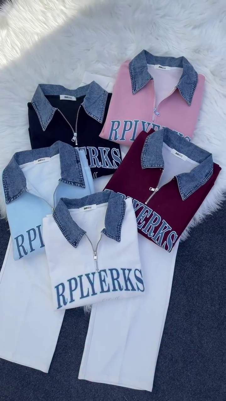 Denim-Collar Trendsetter Zip-Top Set – Sporty, Chic & Street-Style Ready