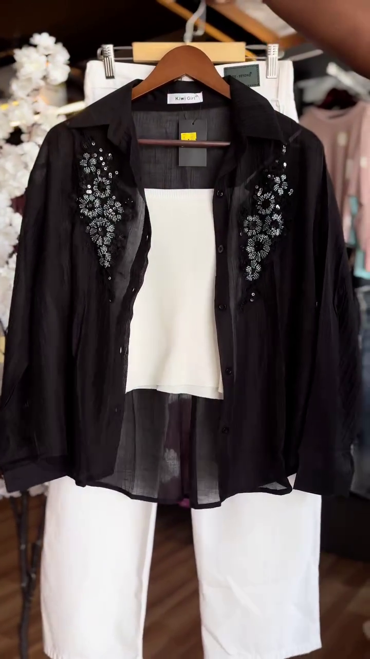 Midnight Bloom Embroidered Sheer Shirt Set – Elegant, Modern & Effortlessly Chic
