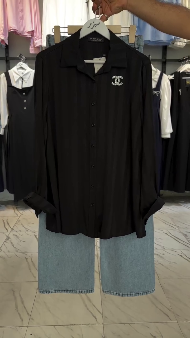 ✨ ELEGANT BLACK LUXURY SHIRT WITH LIGHTWASH DENIM SHORTS – PREMIUM CO-ORD SET ✨