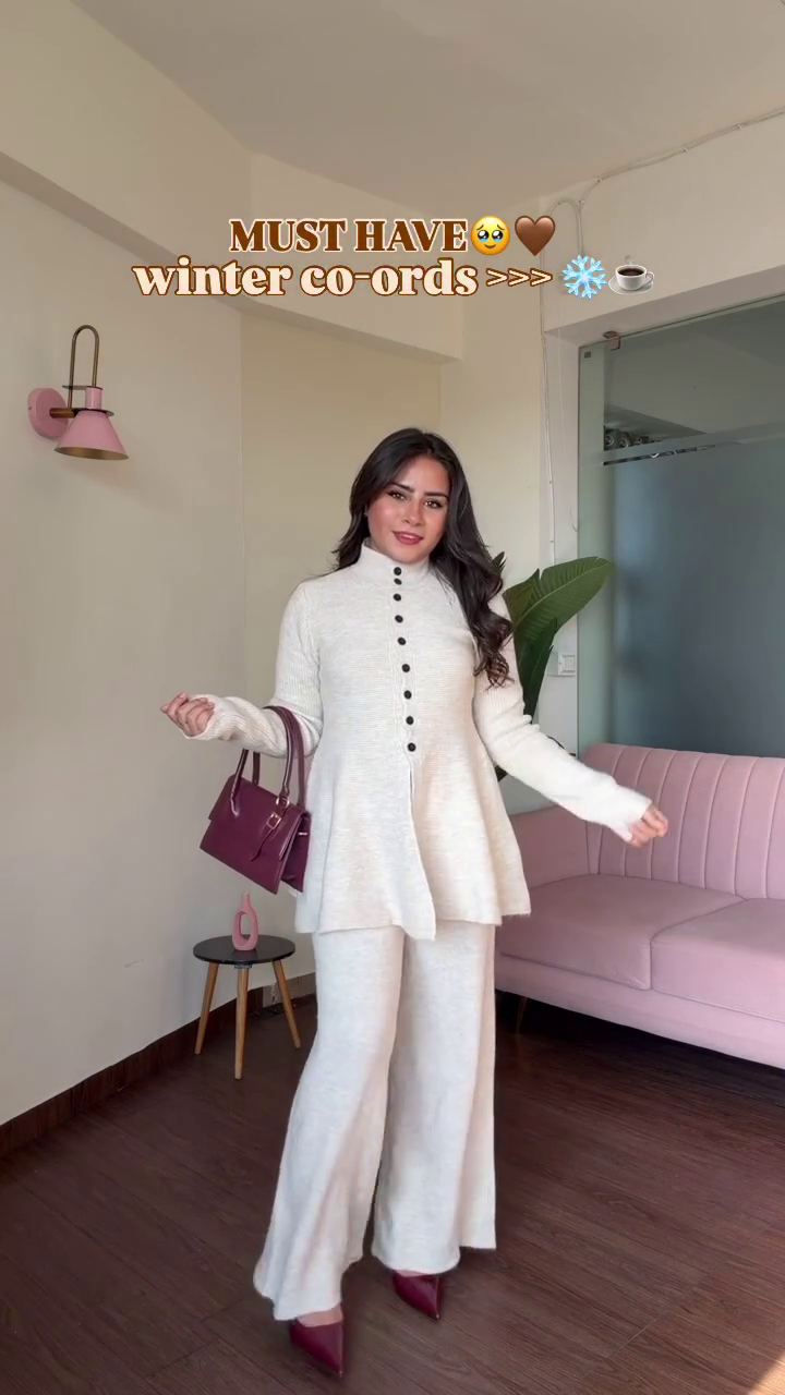 “Luxury Winter High-Neck Knit Co-ord Set – Elegant Buttoned Top & Flared Trousers in Multiple Colors & Sizes (XXS–XXL)”