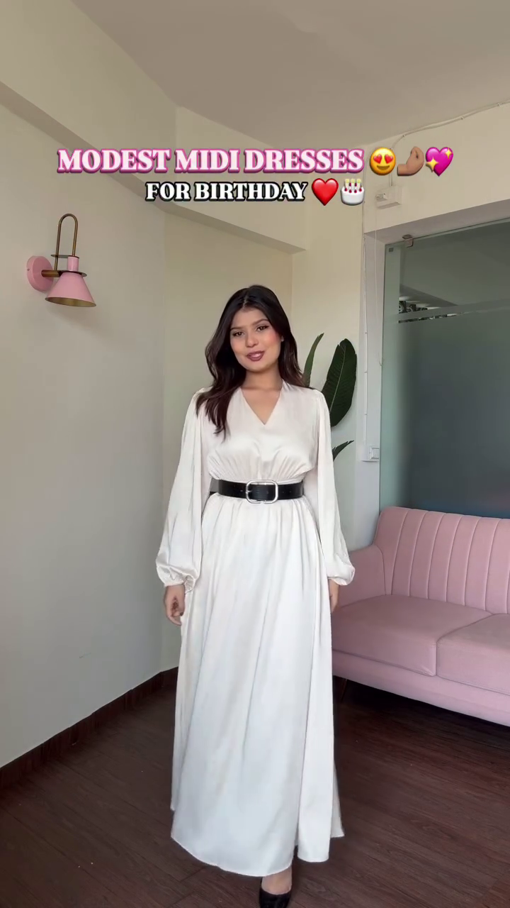 “Elegant Satin Modest Midi Dress – Flowy Birthday & Occasion Wear with Belt (Multiple Colors & Sizes XXS–XXL)”