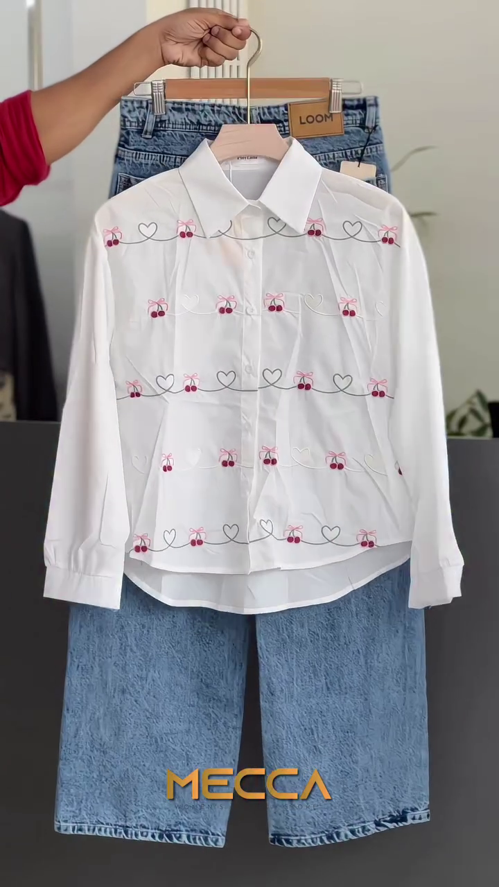 🍒 Cherry Charm Embroidered Shirt & Denim Skirt Set 🍒