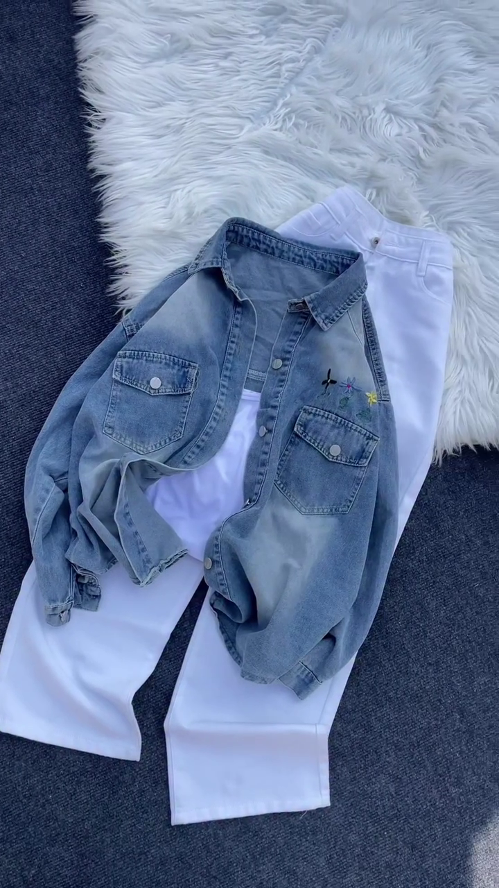 🌸✨ Bloom Breeze Denim Shirt & White Wide-Leg Pants Set – Chic Casual Co-Ord (XXS–XXL)