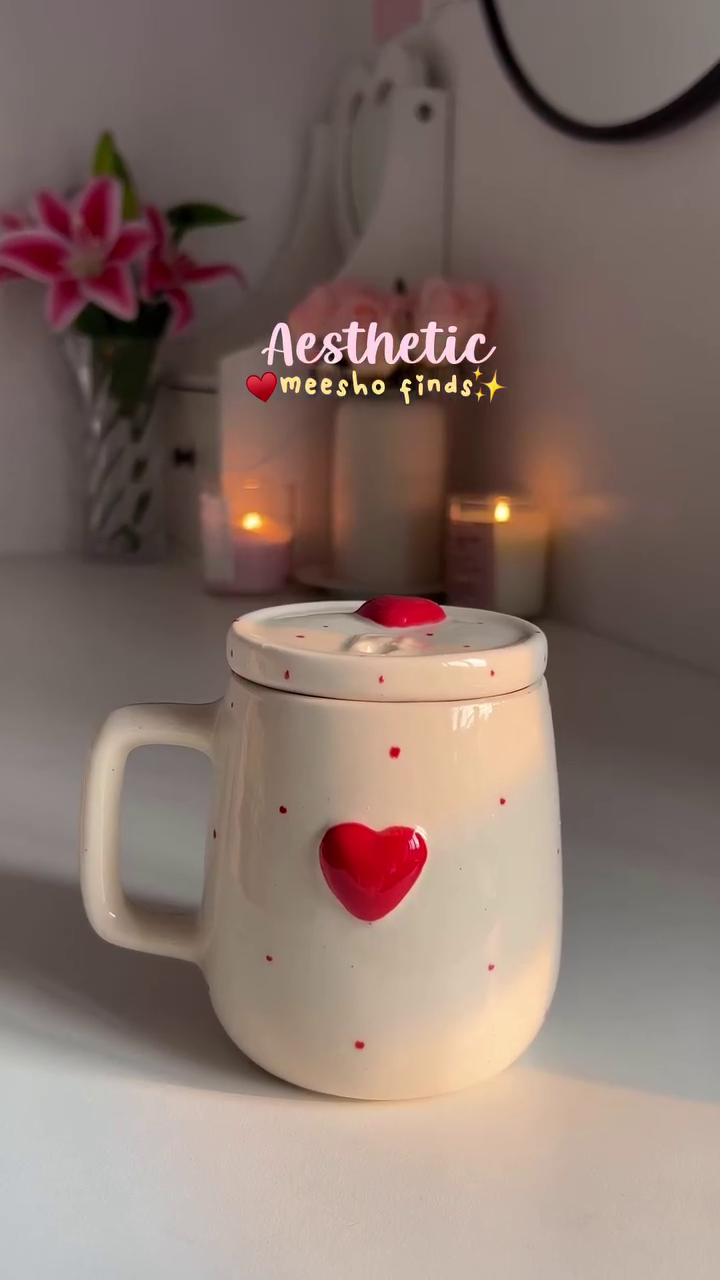 ❤️ Sweetheart Aesthetic Ceramic Mug with Lid – Cute Me-Time Essential ❤️