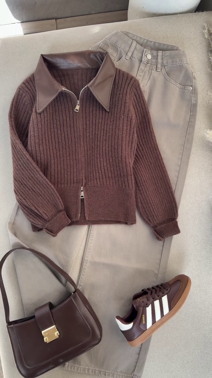 🤎 Cocoa Chic Ribbed Zip Cardigan – Luxe Winter Essential 🤎