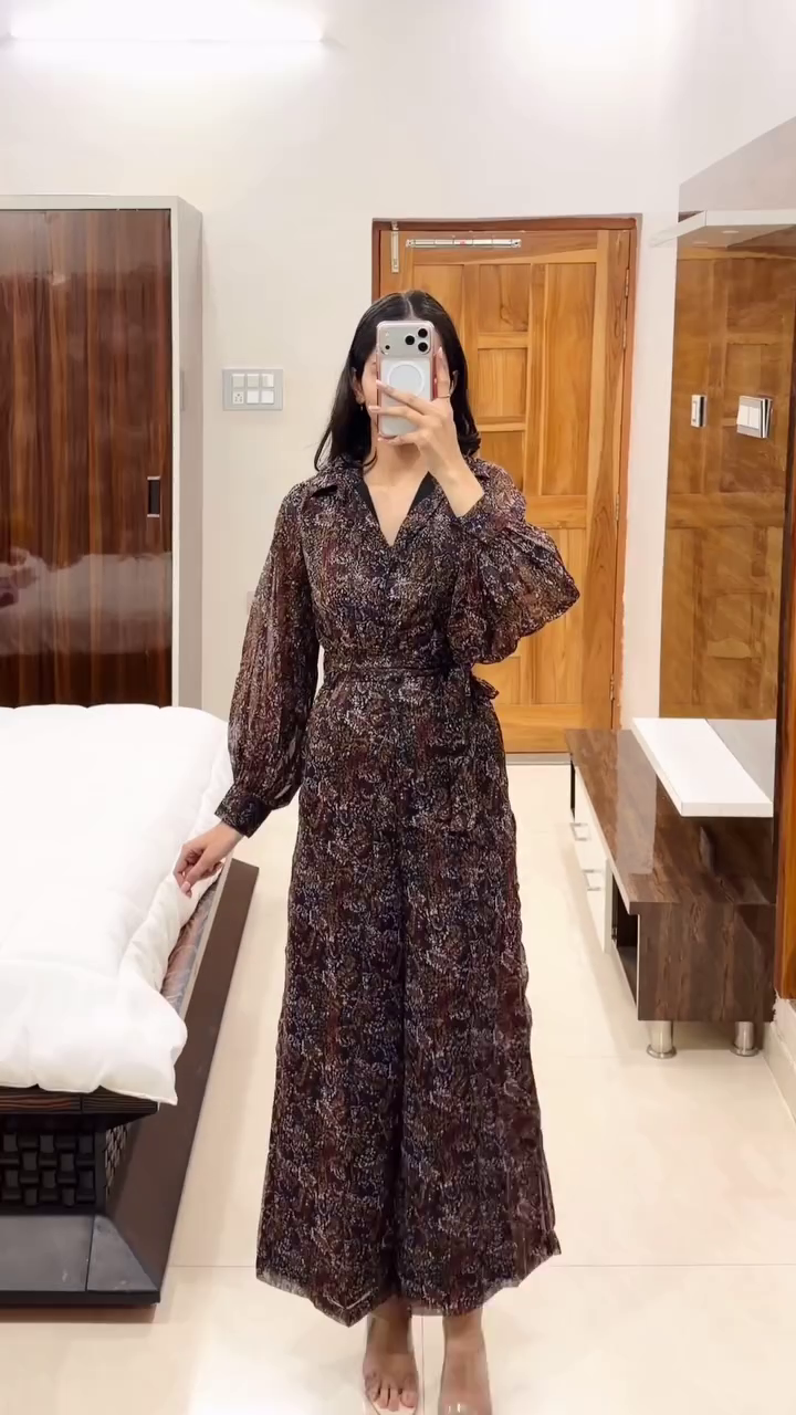 🤎 Mocha Muse Printed Wrap Jumpsuit – Effortless Elegance 🤎
