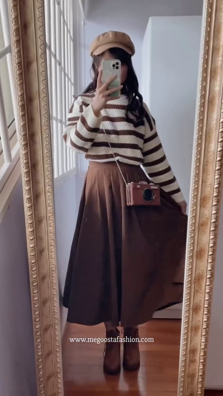 🤎 Vintage Parisian Chic Striped Knit & Pleated Midi Skirt Set – Timeless Elegance Collection