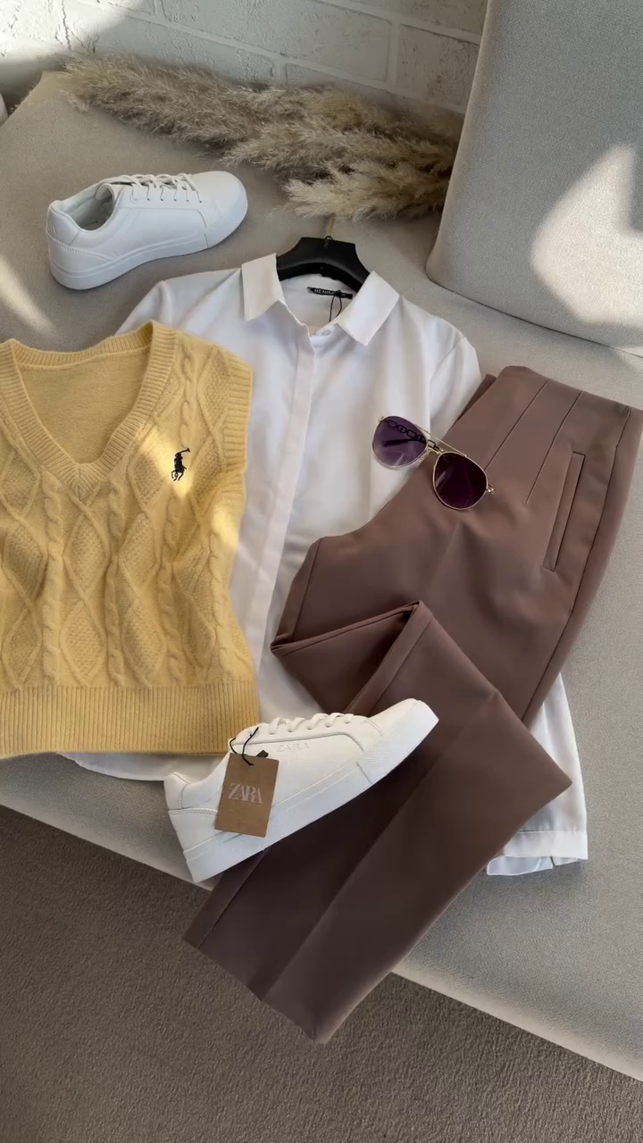 💛 Modern Preppy Luxe 3-Piece Set – Cable Knit Vest, Classic Shirt & Tailored Trousers Collection