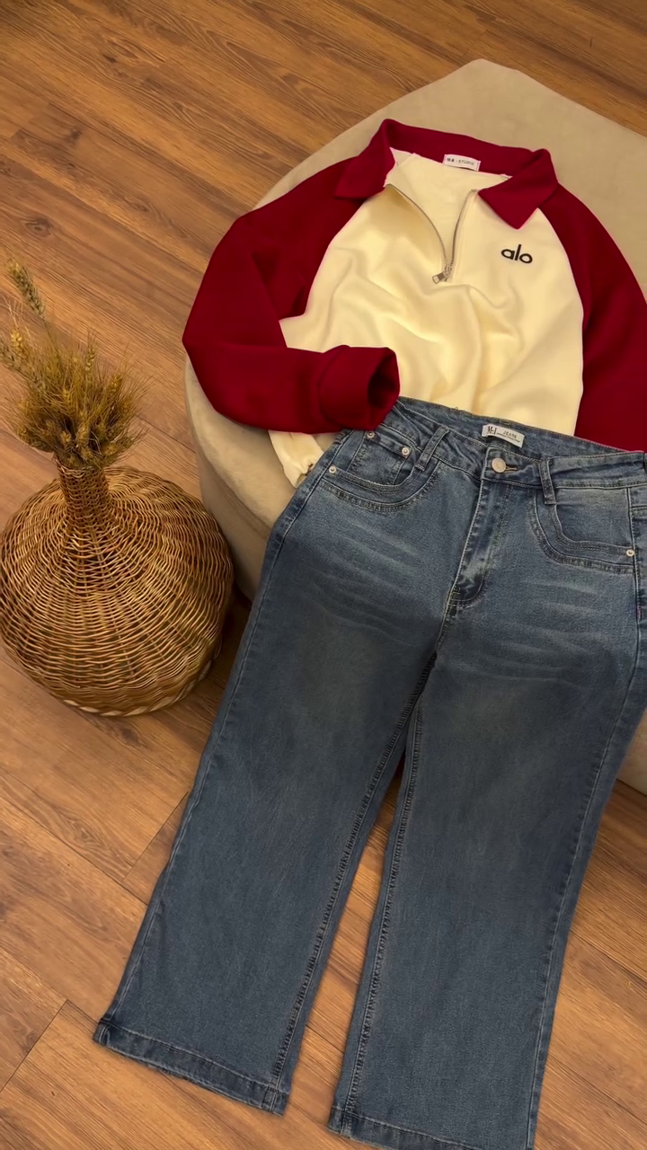 ❤️ Casual Sporty Chic 2-Piece Set – Colorblock Zip Sweatshirt & High-Rise Flare Jeans Collection