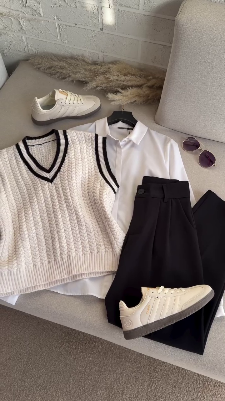 🖤 Classic Preppy Elegance 3-Piece Set – Cable Knit Vest, Crisp Shirt & Tailored Trousers (XXS–XXL)