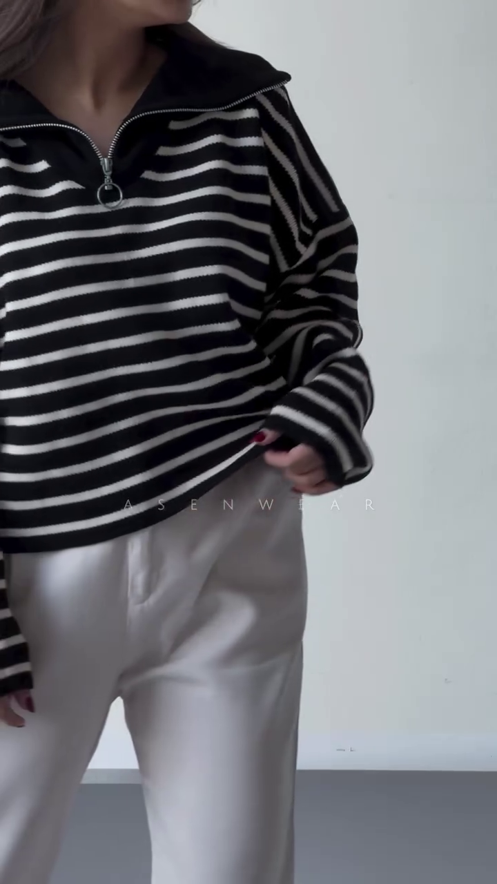 🖤 Parisian Striped Half-Zip Knit – Effortless Chic Pullover (XXS–XXL)