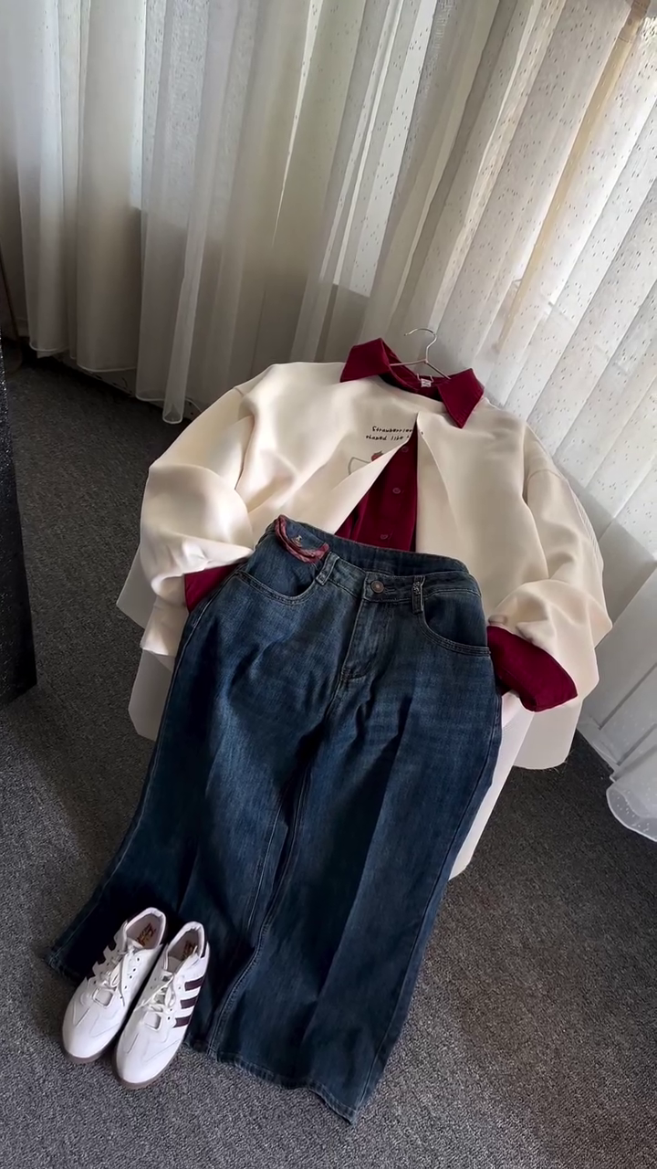 🤍❤️ Modern Contrast Chic 3-Piece Set – Structured Jacket, Statement Shirt & Wide-Leg Denim (XXS–XXL)