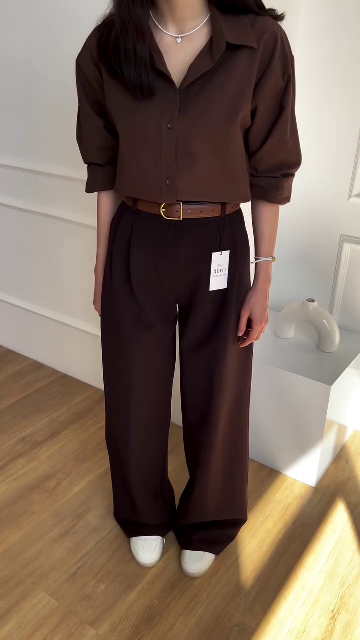 🤎 Mocha Luxe Tailored Co-Ord Set – Elegant Shirt & High-Waist Trousers (XXS–XXL)