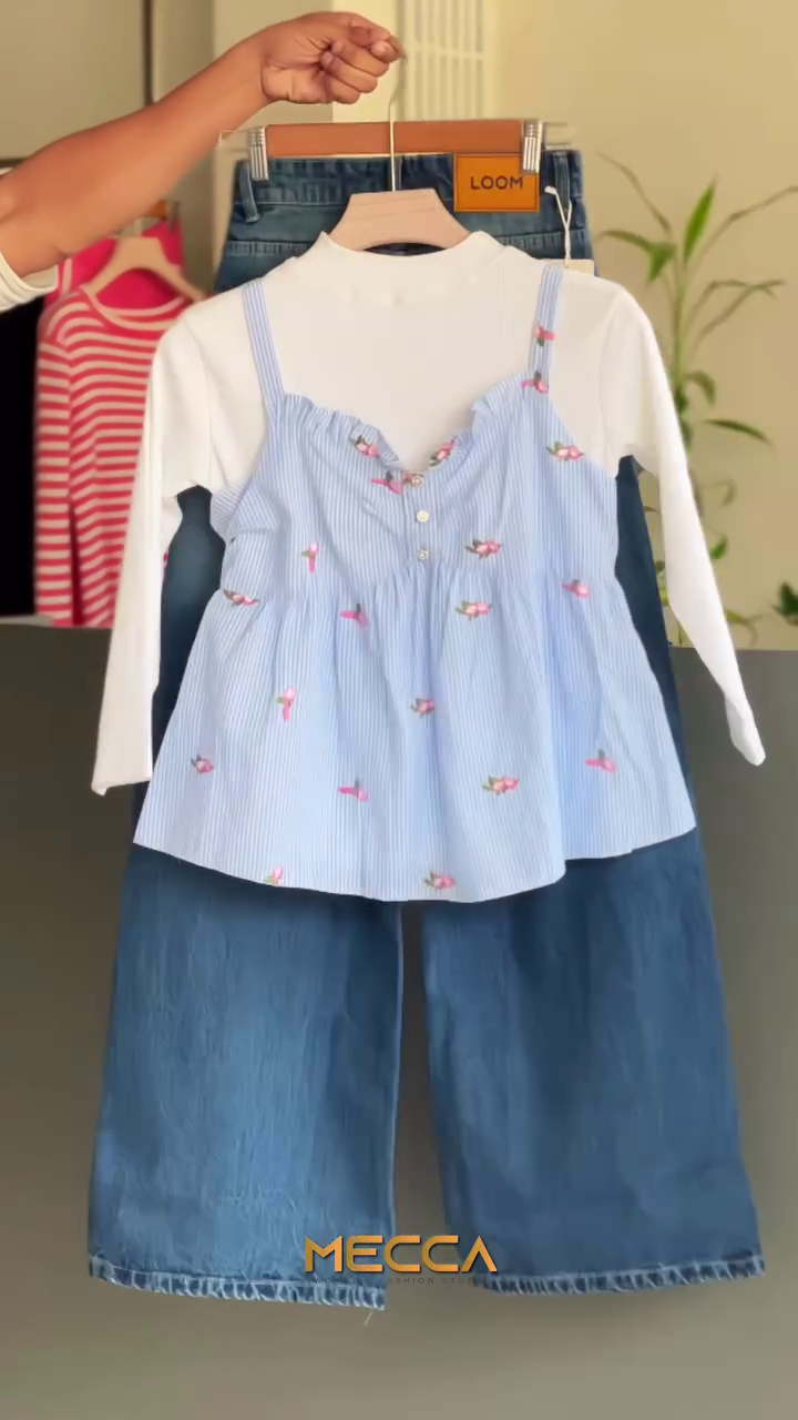 🌸 Sweet Blossom Layered Denim Set – Floral Camisole, Inner Top & Wide-Leg Jeans (XXS–XXL)