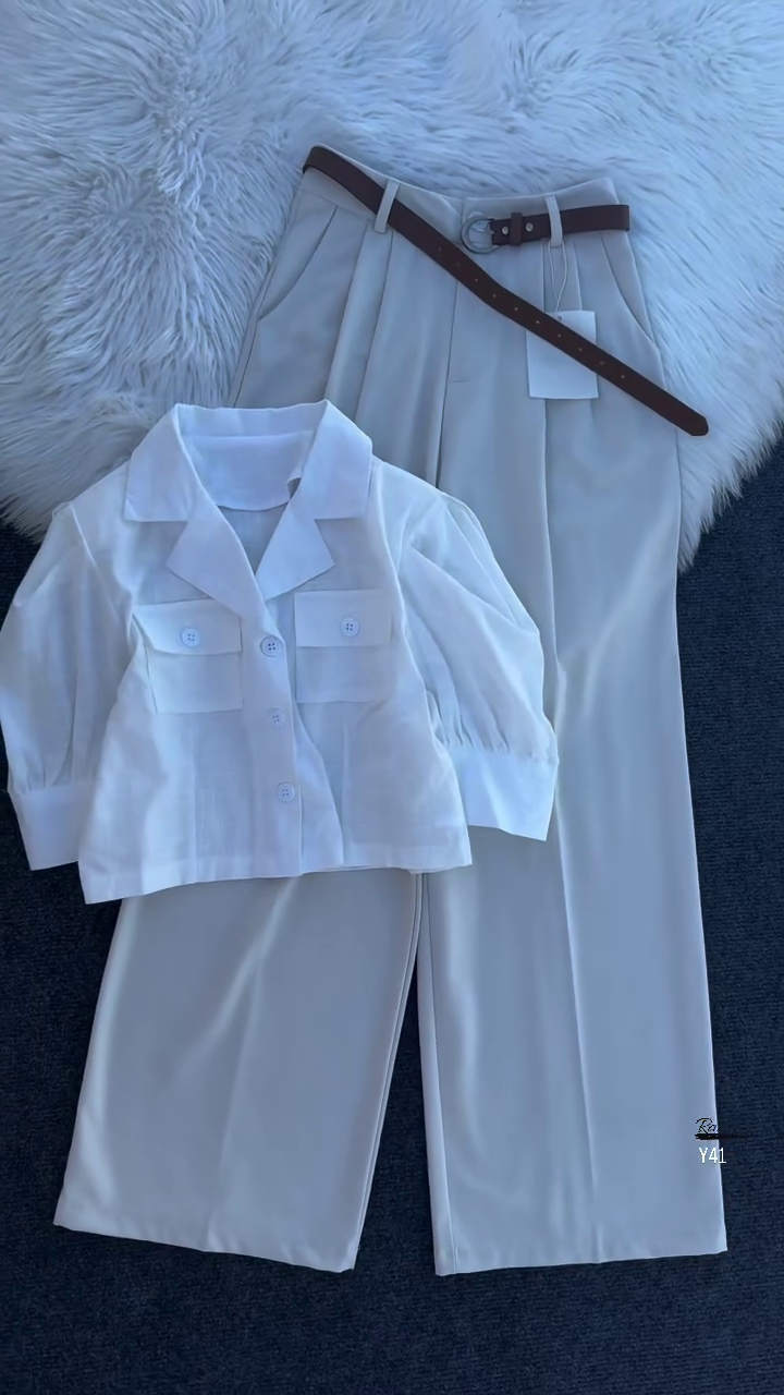 💖 Bold Blossom Two-Piece Outfit – Chic Pink Shirt & Elegant White Trousers Set ✨👚👖