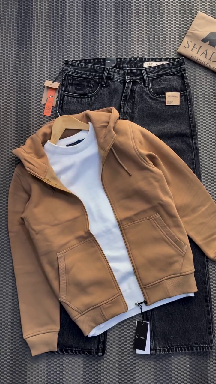 🟤 Urban Comfort Zip Hoodie Set – Classic Brown Hoodie & White Tee Combo ✨👕🧥