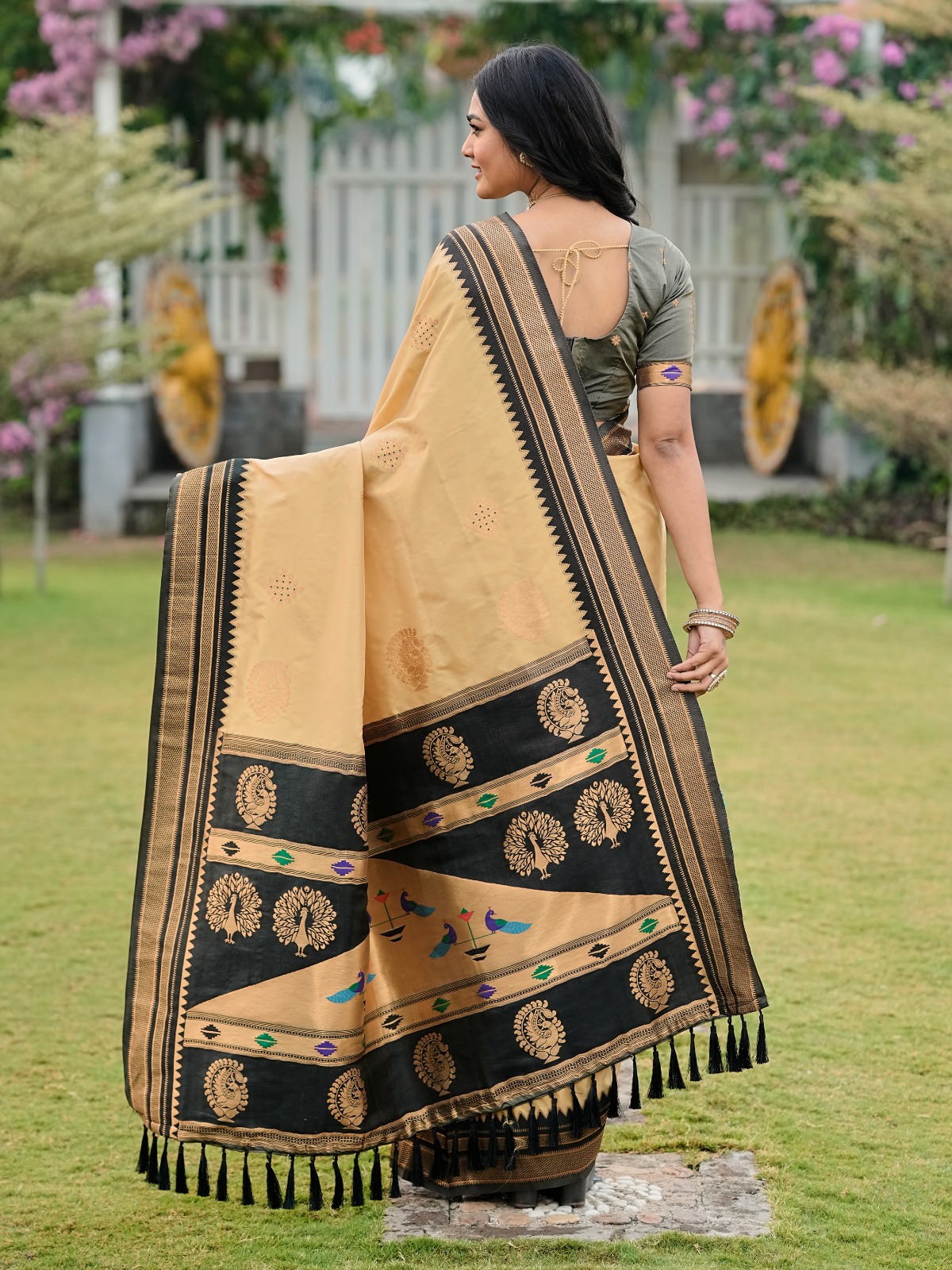 Elegant Beige & Black Traditional Silk Saree with Designer Border