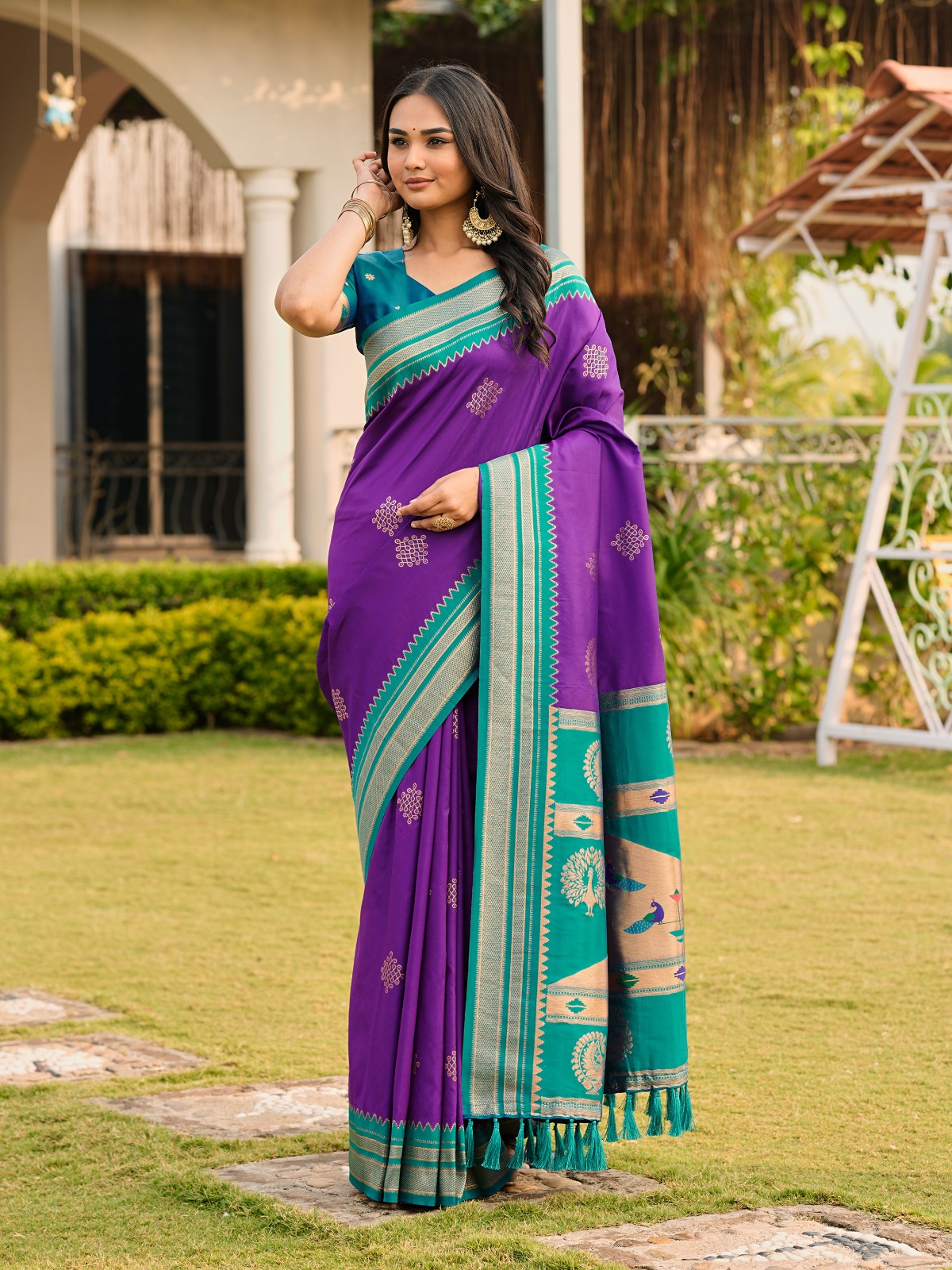 Royal Purple & Teal Silk Saree with Traditional Designer Border
