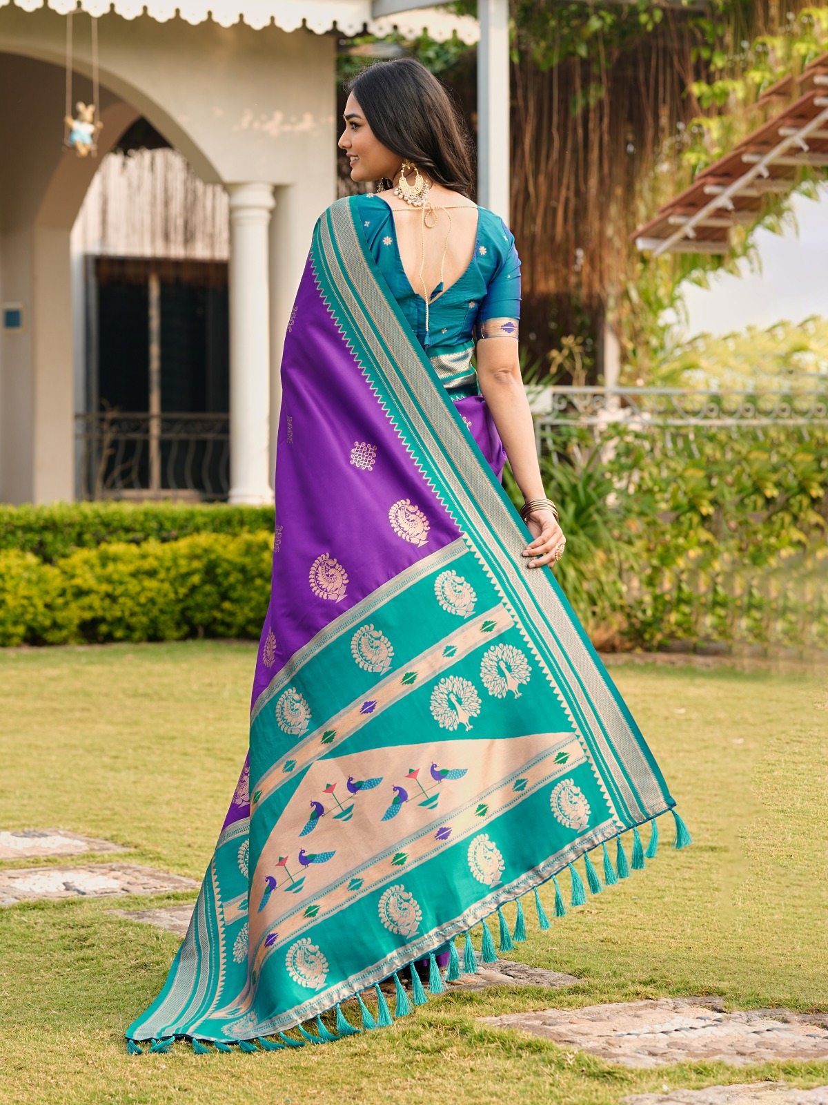 Royal Purple & Teal Silk Saree with Traditional Designer Border