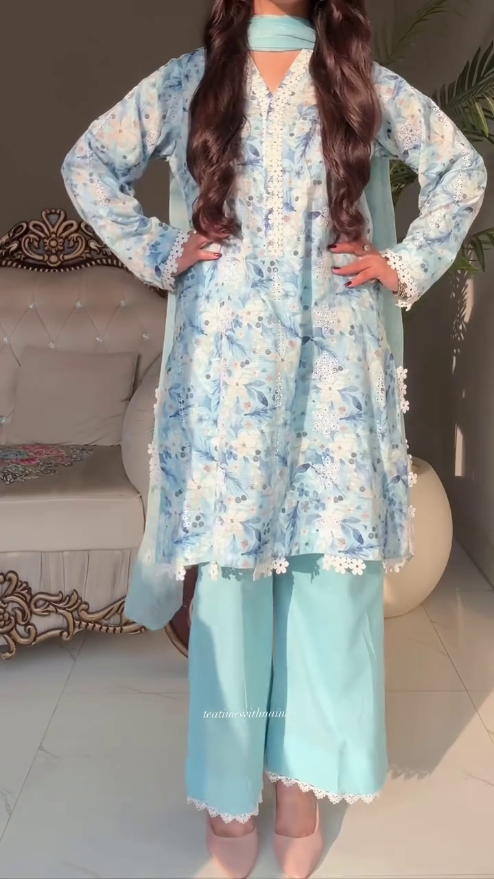 Sky Bloom Ethnic Co-Ord Set 🌸 | Elegant Printed Kurta, Palazzo & Dupatta Set