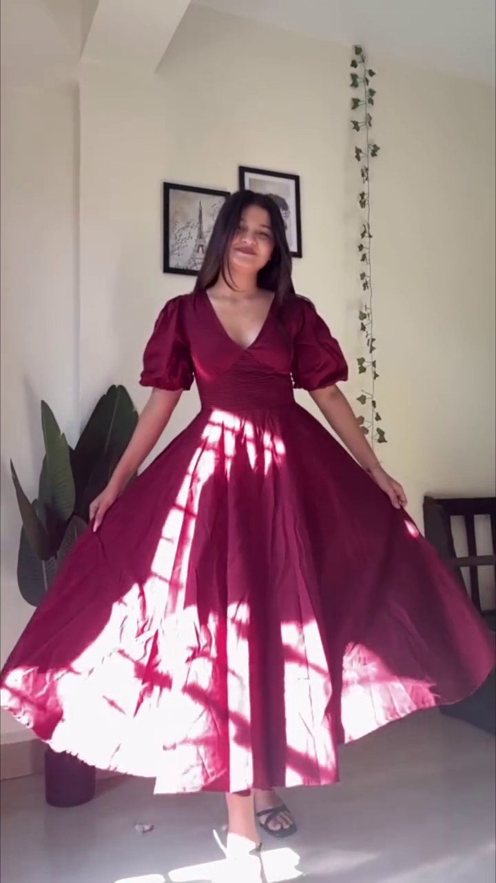 Crimson Grace Flowy Maxi Dress ✨ | Elegant Puff Sleeve V-Neck Dress