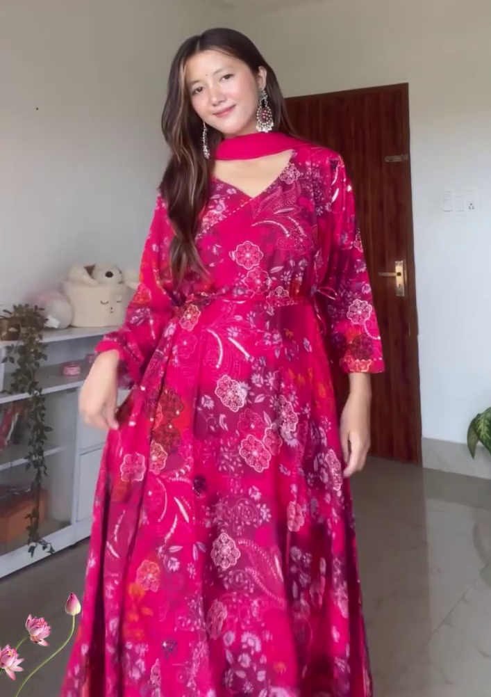 🌺 Ruby Bloom Elegance Anarkali Set with Dupatta 🌺