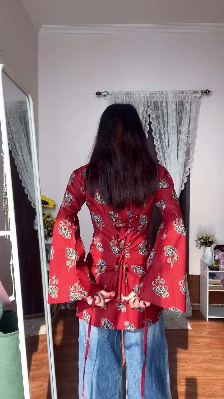 ❤️ Crimson Charm Printed Kurti Top with Flared Sleeves ❤️