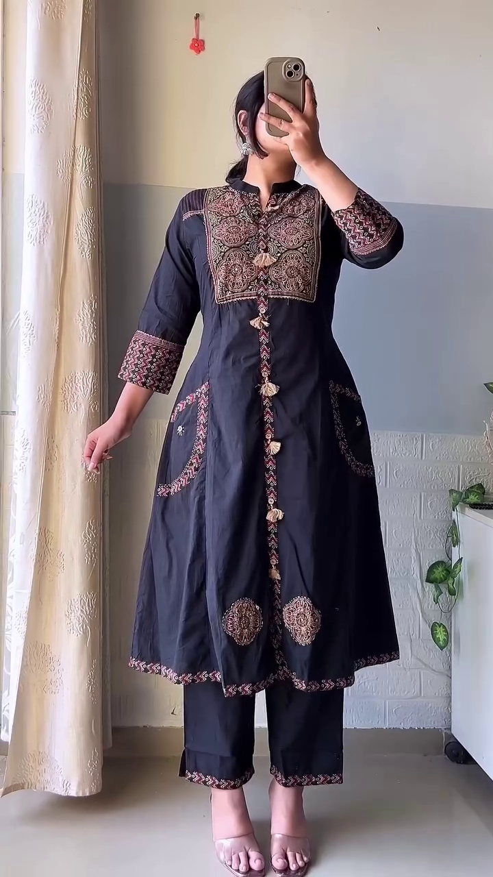 🧡 Chic Cotton A-Line Kurta Set with Hand Embroidery – Everyday Elegance Redefined 🧡