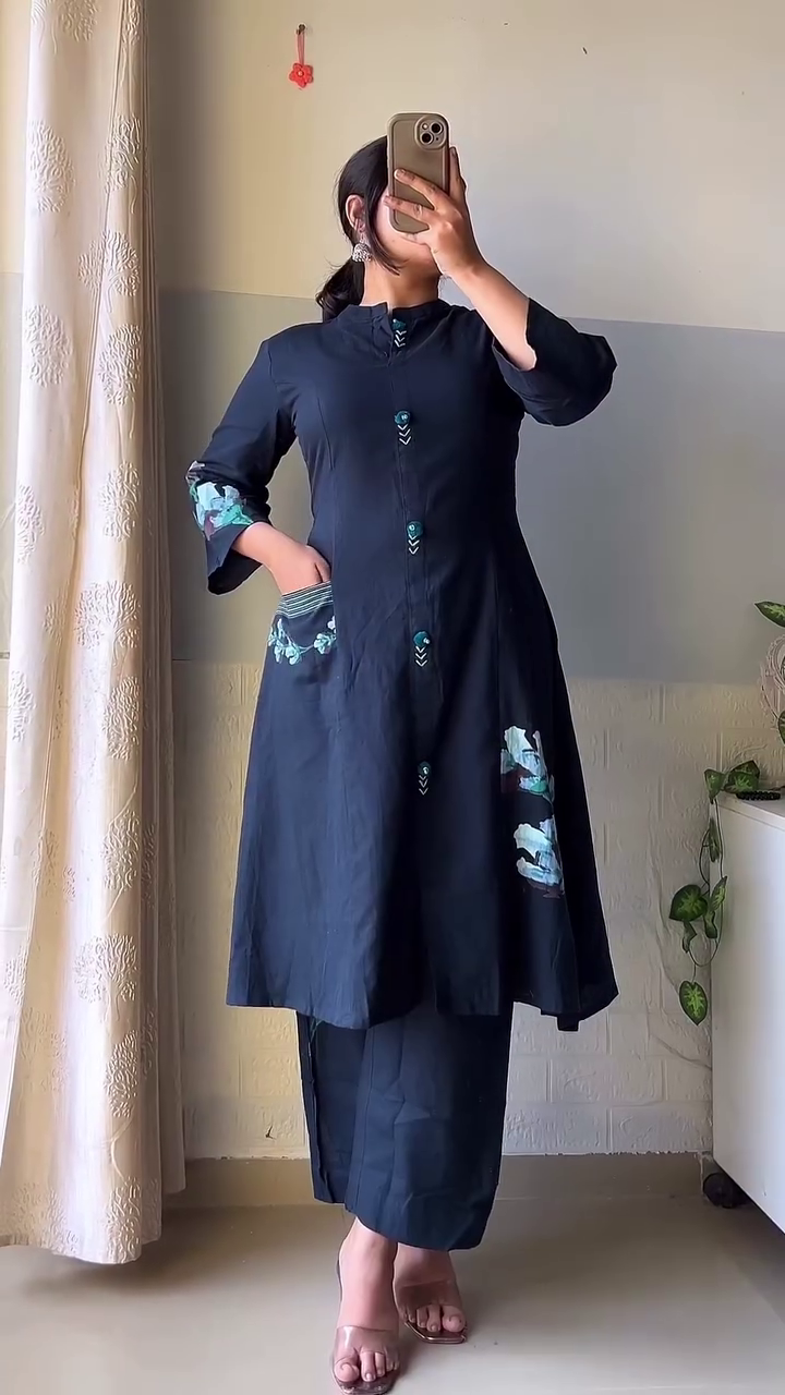 🧡 Chic Cotton A-Line Kurta Set with Hand Embroidery – Everyday Elegance Redefined 🧡