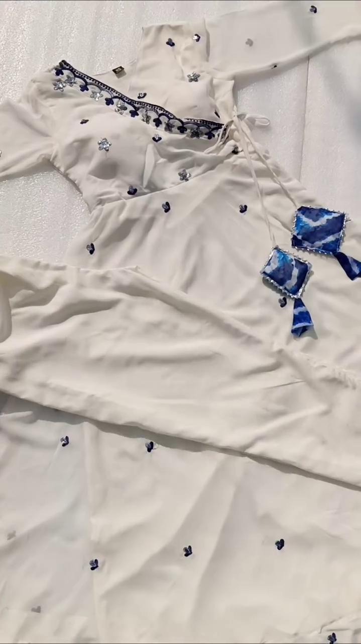 ✨ Elegant Embroidered White Dress with Blue Accents – Timeless Grace Collection ✨