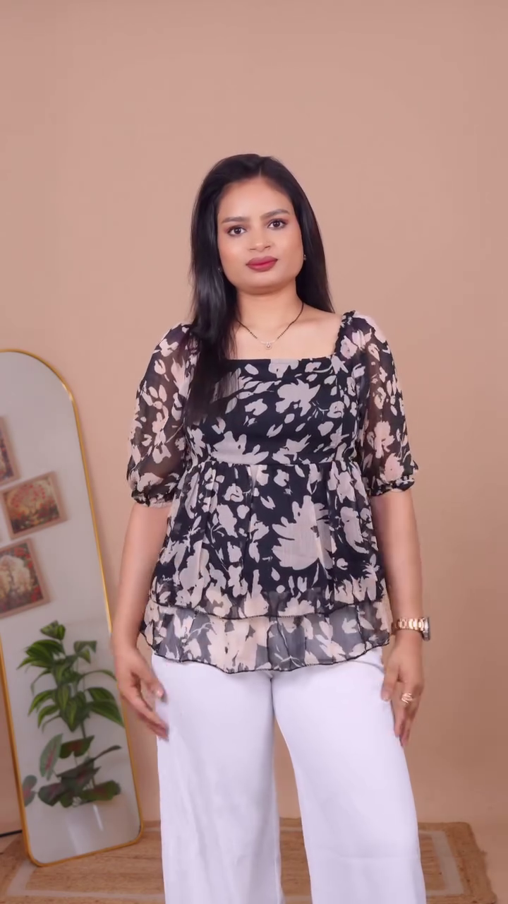 🖤 Noir Bloom Sheer Peplum Top – Soft Florals, Effortless Elegance 🖤