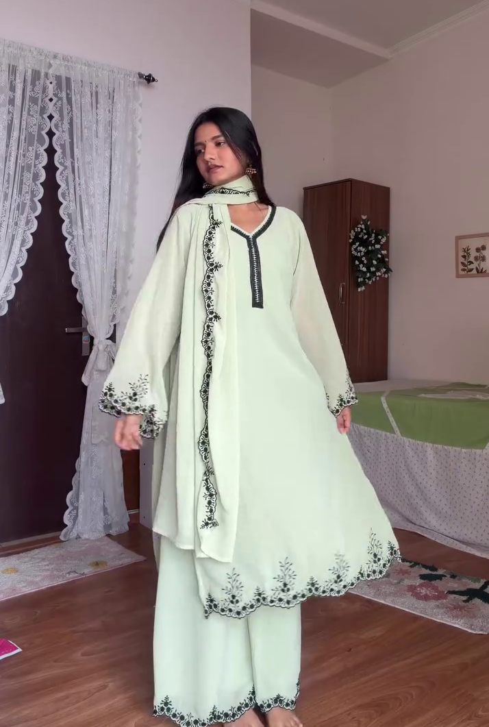 💚 Sage Elegance Embroidered Kurta Set with Dupatta – Grace in Every Detail 💚