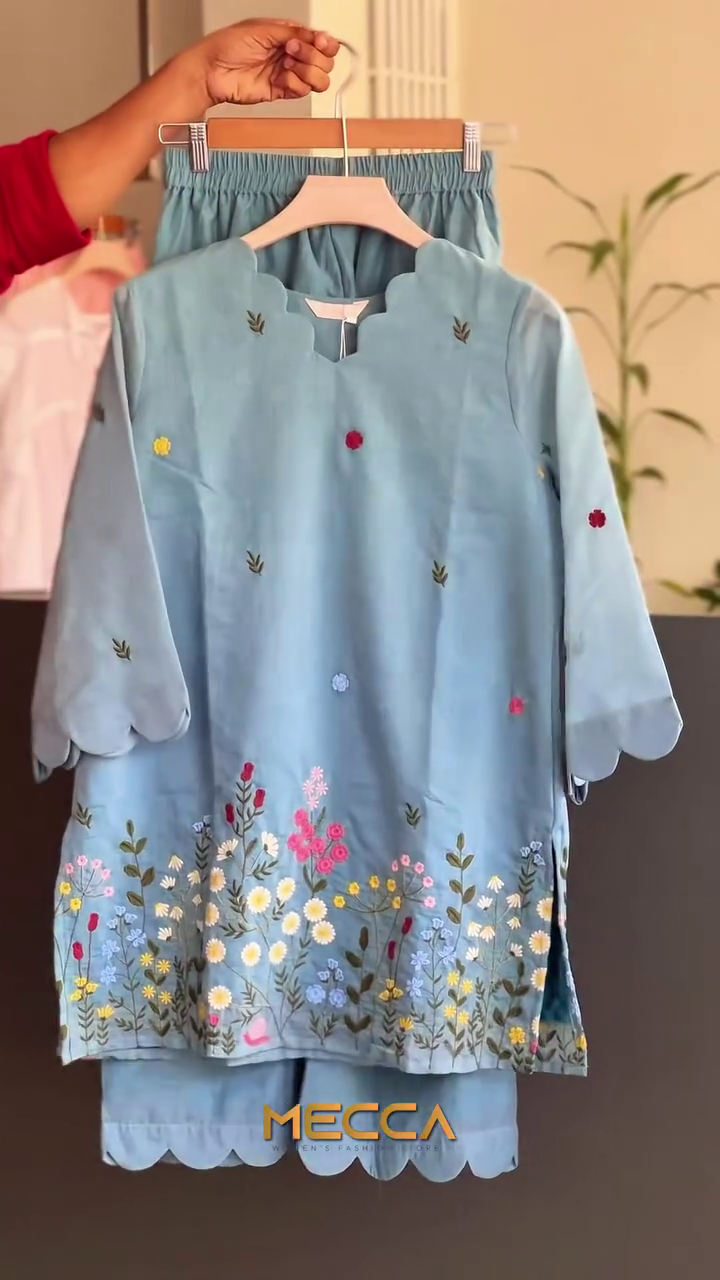 🌼 Sky Garden Embroidered Kurta Set – Fresh Florals & Everyday Elegance 🌼