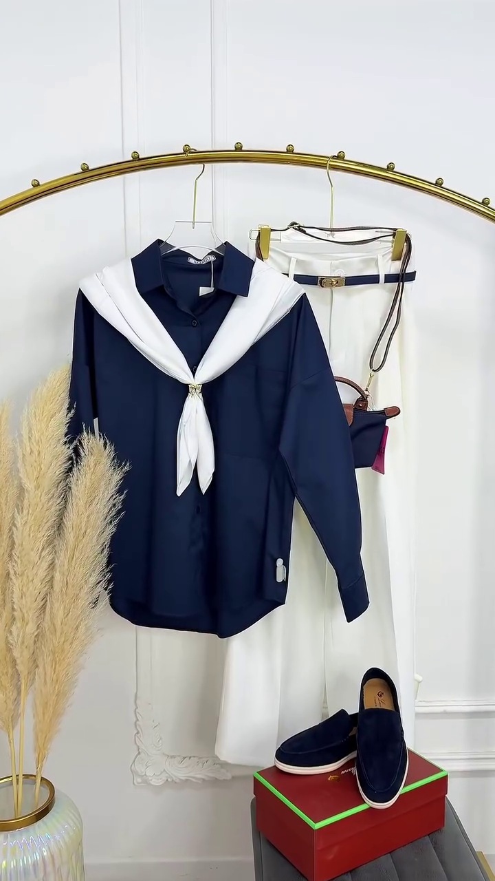 “Nautical Chic Co-ord Set ⚓ | Navy Shirt with White Scarf & Trousers”