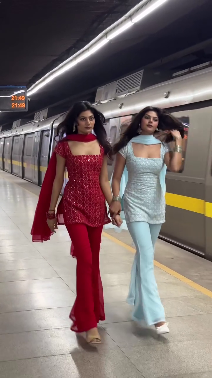 “Twin Glam Sharara Sets ✨ | Festive Duo in Ruby Red & Ice Blue”
