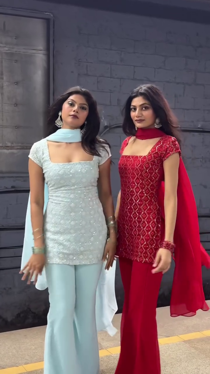 “Twin Glam Sharara Sets ✨ | Festive Duo in Ruby Red & Ice Blue”