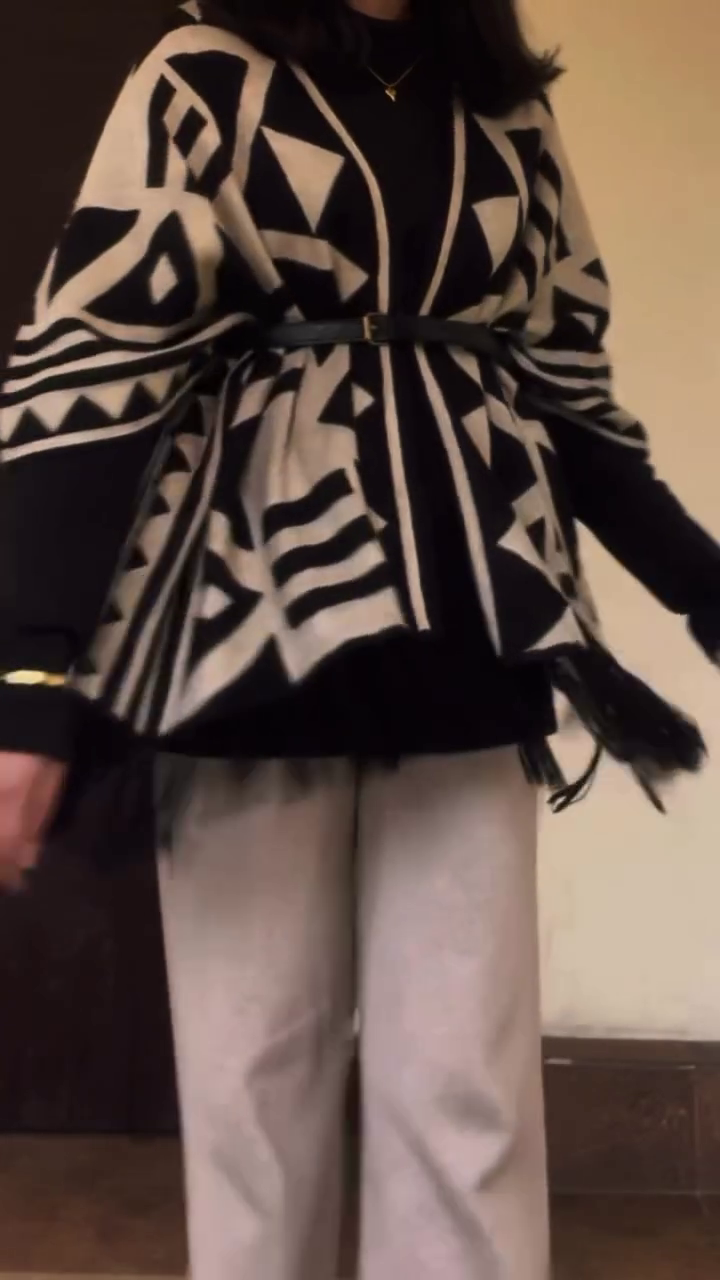 “Monochrome Muse Cardigan 🖤✨ | Geometric Knit Wrap”