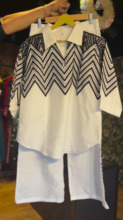 Girls’ Monochrome Zig-Zag Co-ord Set – Sequin Detail Top & Wide-Leg Pants | Party-Ready Look