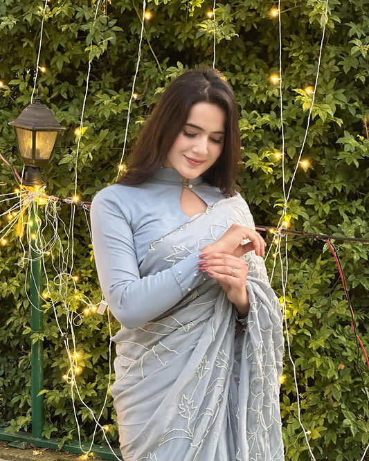 Grey Saree Organza Embroidery Cut-dana Floral With