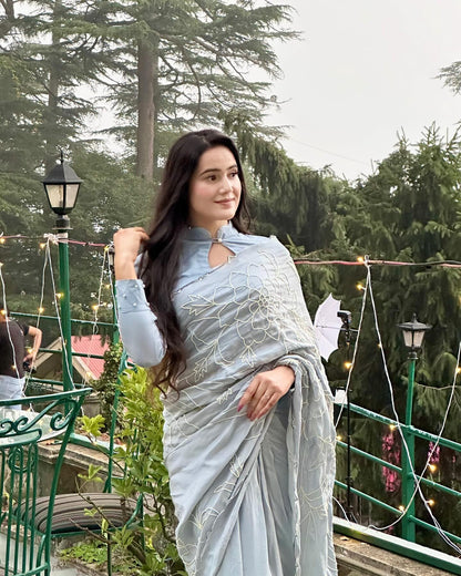 Grey Saree Organza Embroidery Cut-dana Floral With