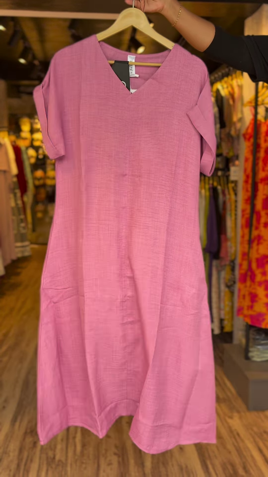 Women’s Solid Color Linen-Blend A-Line Dress with V-Neck – Casual Summer Short Sleeve Midi Dress in 5 Colors